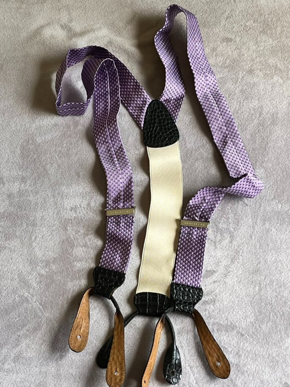 Trafalgar Suspenders Geometric Purple with leather button attachment ends